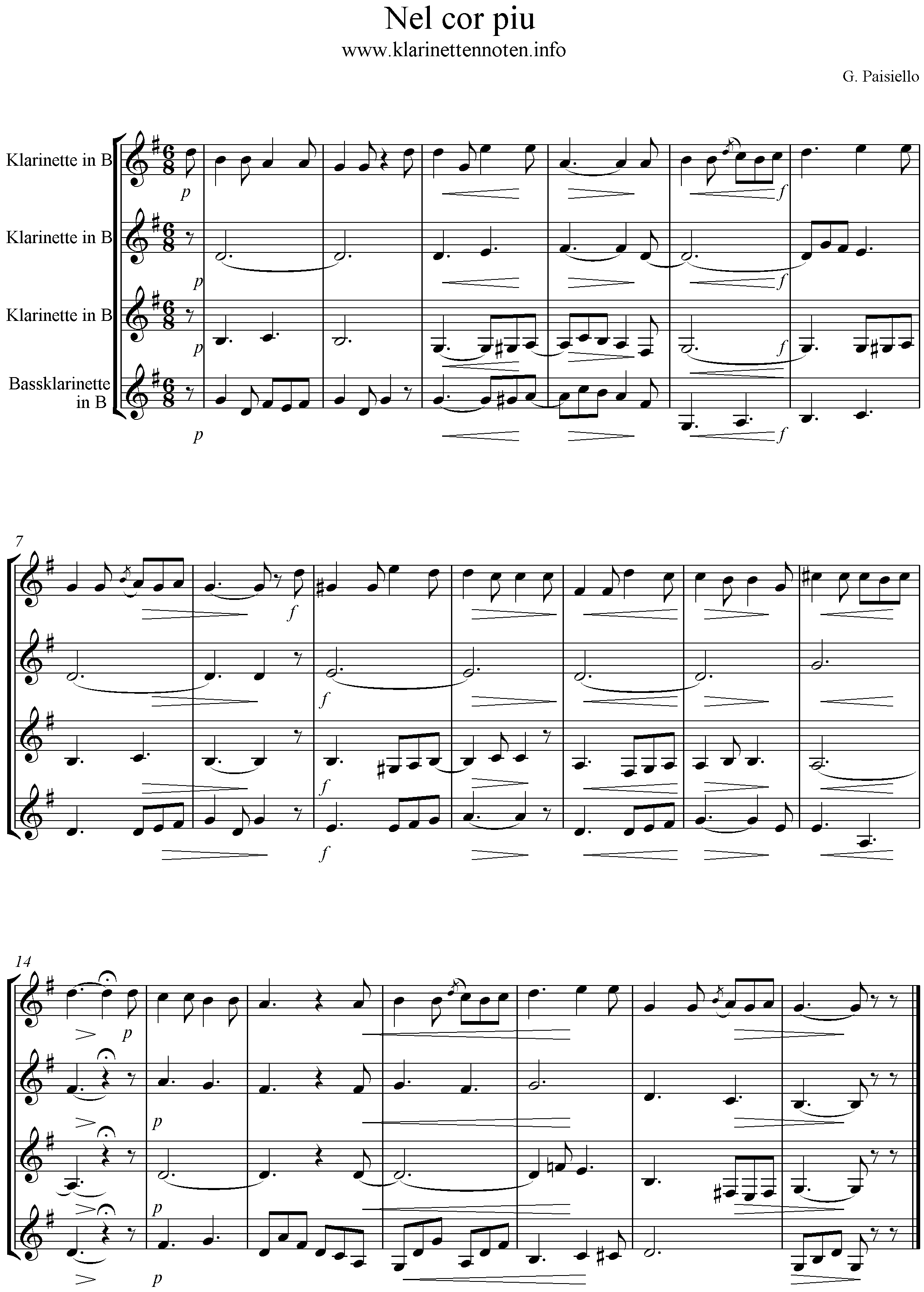 Clarinet Quartet, Klarinettenquartett, Nel cor oiu, Paisiello